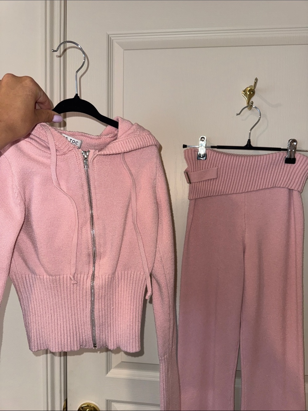 Cozy Pink Wide-Leg Knit Pants & Hoodie Set